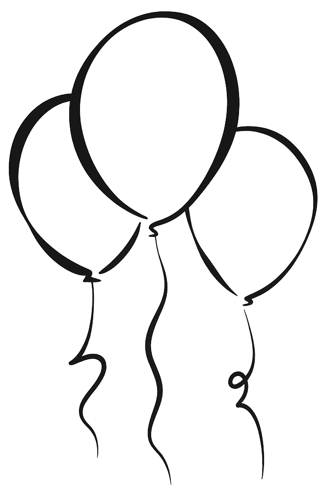 Three black outline balloons on strings.